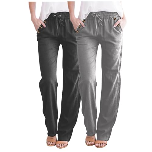 2er Pack Sommerhose Damen Leicht Freizeithose Frauen Loose Fit Sweathose Straight Bein Hose Leinenhose Lange Loose Beach Pants Weite Casual Strandhose Strand Jogginghose Hosen Lässige Stoffhose von KQIVAM