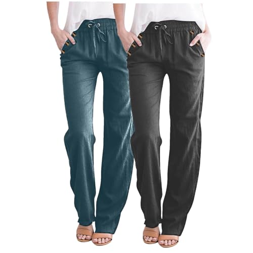 2er Pack Sommerhose Damen Leicht Freizeithose Frauen Loose Fit Sweathose Straight Bein Hose Leinenhose Lange Loose Beach Pants Weite Casual Strandhose Strand Jogginghose Hosen Lässige Stoffhose von KQIVAM