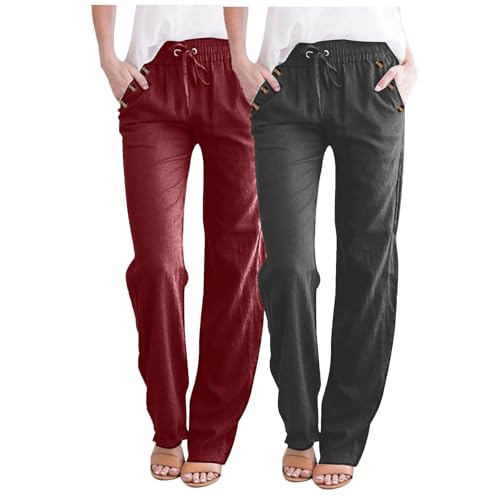 2er Pack Sommerhose Damen Leicht Freizeithose Frauen Loose Fit Sweathose Straight Bein Hose Leinenhose Lange Loose Beach Pants Weite Casual Strandhose Strand Jogginghose Hosen Lässige Stoffhose von KQIVAM
