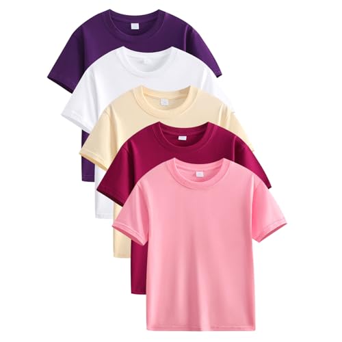 5er Pack Mädchen Kurzarm T-Shirts Kinder Sommer Tops Rundhalsausschnitt Casual Top Tees Oversized Oberteile Mode Einfarbig Rundhals Shirt Freizeit Basic Baumwolle Bluse für Mädchen 2-12 Jahre Alt von KQIVAM
