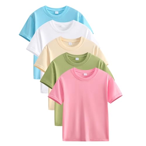 5er Pack Mädchen Kurzarm T-Shirts Kinder Sommer Tops Rundhalsausschnitt Casual Top Tees Oversized Oberteile Mode Einfarbig Rundhals Shirt Freizeit Basic Baumwolle Bluse für Mädchen 2-12 Jahre Alt von KQIVAM