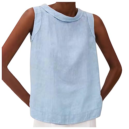 Baumwoll-Leinen-Oberteil für Damen, ärmellos, Basic-Sommer-Tank-Top, lässiger Rundhalsausschnitt, lockere Passform, bequemes T-Shirt Damen-Tanktop aus Leinen, einfarbig, großer fallender Kragen Baumwoll-Leinen-Oberteil für Damen, ärmellos, Basic-Sommer-Tank-Top, lässiger Rundhalsausschnitt, lockere Passform, bequemes T-Shirt Damen-Tanktop aus Leinen, einfarbig, großer fallender Kragen von KQIVAM