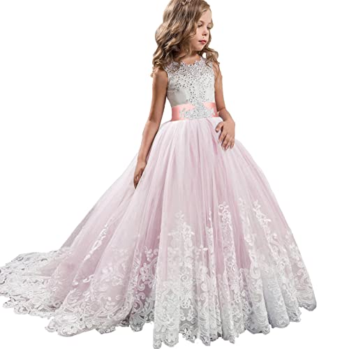 Blumenmädchenkleid Spitze Bestickt ärmellos Tüll Prinzessinnen Kleid Elegantes langes Abschlussballkleid Kinder Festlicher Festzug Hochzeit Brautjungfern Cocktail Partykleid 6-11 Jahre von KQIVAM