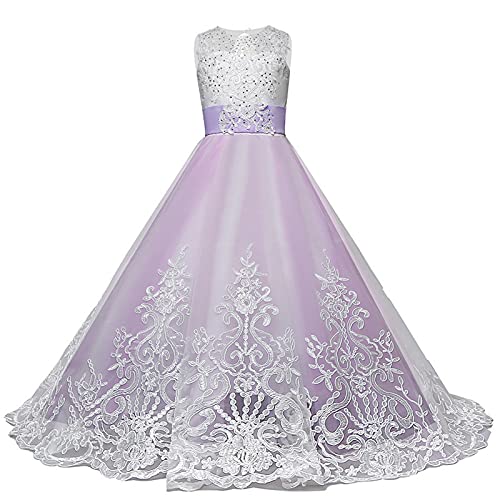 Blumenmädchenkleid Spitze Bestickt ärmellos Tüll Prinzessinnen Kleid Elegantes langes Abschlussballkleid Kinder Festlicher Festzug Hochzeit Brautjungfern Cocktail Partykleid 6-11 Jahre von KQIVAM