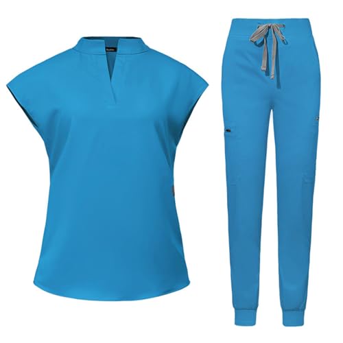 Damen 2-Teiliges Kasacks Set Medizinische Uniform Outfits mit Kasack und Hose Pflege Berufsbekleidung V-Ausschnitt Schlupfkasack+Schlupfhose Pflegeuniform Set Laborkittel Einfarbig Arbeitsuniform 2025 von KQIVAM