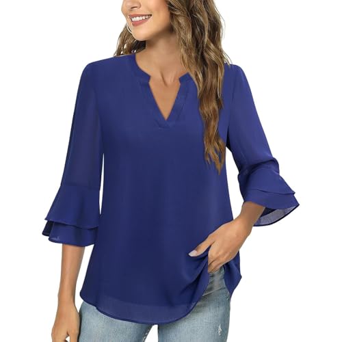 Damen Chiffon Tunika Lässig Rundkragen 3/4-Ärmeln Bluse Fließende Shirts Loose Fit Oberteile Blusen mit Rüschenärmel Tunika Tops Chiffon Damenblusen Oberteil Einfarbig Frühling 3/4 Arm Oberteile von KQIVAM
