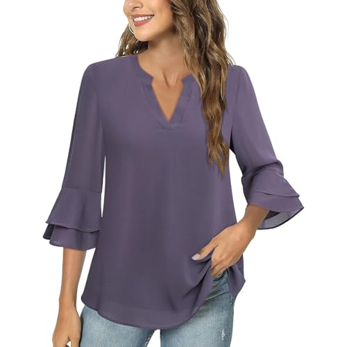 Damen Chiffon Tunika Lässig Rundkragen 3/4-Ärmeln Bluse Fließende Shirts Loose Fit Oberteile Blusen mit Rüschenärmel Tunika Tops Chiffon Damenblusen Oberteil Einfarbig Frühling 3/4 Arm Oberteile von KQIVAM