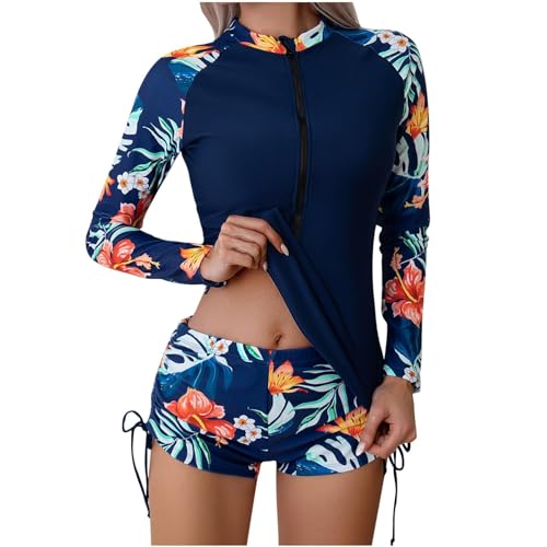 Damen Langarm UPF 50+ UV Schutz Zweiteiler Badeanzug Schwimmanzug Slim Fit Sonnenschutz Bademode Shirt und Shorts Damen Langarm Blume Schwimmshirt Shorts Tankini Frauen Rashguard Kurz Surfanzug von KQIVAM