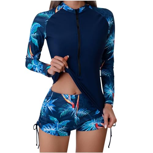 Damen Langarm UPF 50+ UV Schutz Zweiteiler Badeanzug Schwimmanzug Slim Fit Sonnenschutz Bademode Shirt und Shorts Damen Langarm Blume Schwimmshirt Shorts Tankini Frauen Rashguard Kurz Surfanzug von KQIVAM