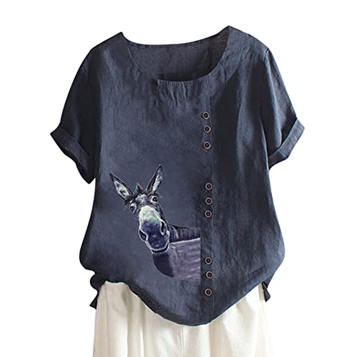 Damen Leinen Bluse Kurzarm Sommer mit Tiermotiv Leinenbluse Grosse Grössen Leinenoberteile Tshirt Lose Tunika Elegante Oberteile Casual Print Mode T Shirt Pullover Tops Sale Angebote von KQIVAM