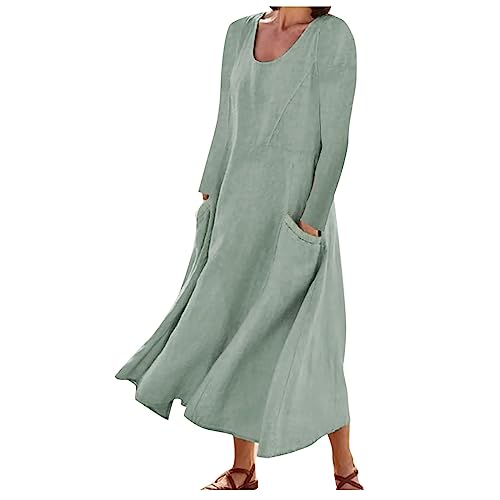 Damen Leinenkleid Langarm Baumwolle Maxikleid mit Rundhalsausschnitt Casual Große Größen Lange Kleider Damen Knielang Leinenkleider Baumwolle Leinen Casual Freizeitkleid Strandkleider Boho Kleid von KQIVAM