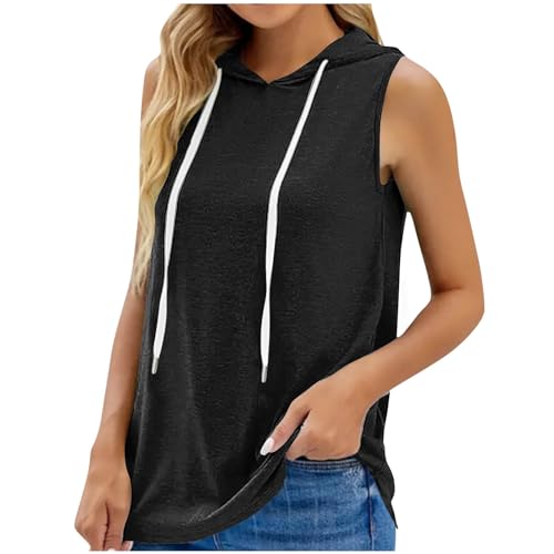 Damen Sweatjacke Ladies Sleeveless Hoody mit Kapuze T-Shirt Damen Sommer Ärmelloses Oberteile Hoodie Sweatweste Einfarbig Kapuzenshirt Sweatshirt Tops mit Kordelzug Tanktop mit Kapuzen von KQIVAM