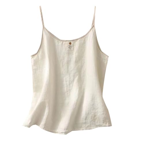 Damen Tank Leinen Tops Sommer Frauen Elegant Einfarbig Rundhals Spaghetti Top Loose Cami Tank Top Freizeit Camisole Oberteile Sommermode Sleeveless Top Basic Tanktop Bequemes Sleeveless T-Shirt von KQIVAM