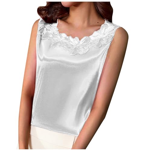 Damen Träger Tank Top dünn mit Spitze Stretch Leicht Damen Satin Cami Tank Top Seidentop Shirt Ärmellose V-Ausschnitt Blusen Spaghetti Oberteile Tanktops Silk Cami Ärmellose Sommer von KQIVAM