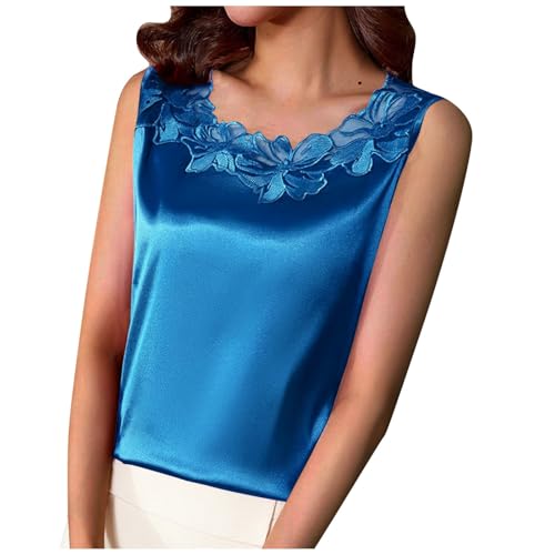 Damen Träger Tank Top dünn mit Spitze Stretch Leicht Damen Satin Cami Tank Top Seidentop Shirt Ärmellose V-Ausschnitt Blusen Spaghetti Oberteile Tanktops Silk Cami Ärmellose Sommer von KQIVAM