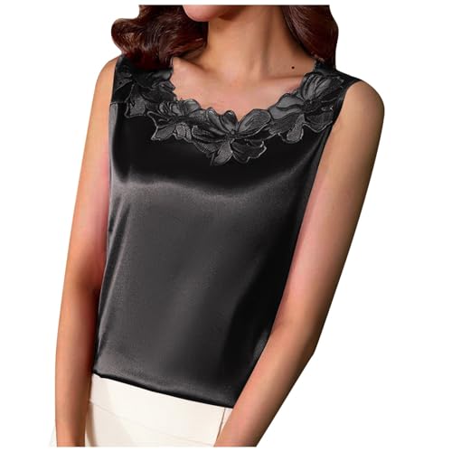 Damen Träger Tank Top dünn mit Spitze Stretch Leicht Damen Satin Cami Tank Top Seidentop Shirt Ärmellose V-Ausschnitt Blusen Spaghetti Oberteile Tanktops Silk Cami Ärmellose Sommer von KQIVAM