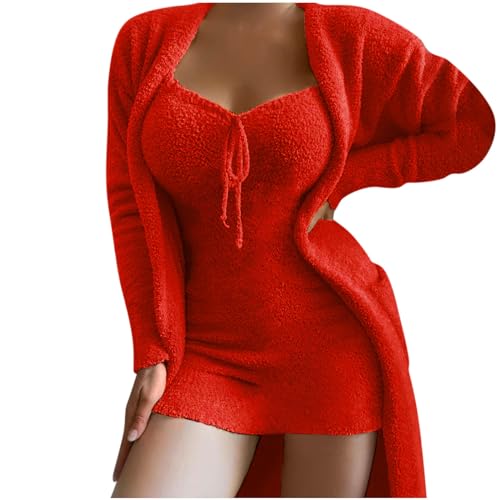 Damen Winter Plüsch Casual Sportswear Solid Lange Ärmel 2-teiliges Outfit Rock Anzug Set Frauen Boho Kleid Elegant Warm VliesJogginganzug Elastische Bodycon 2 Stück Set Pulloverkleid Frauen Pullover von KQIVAM
