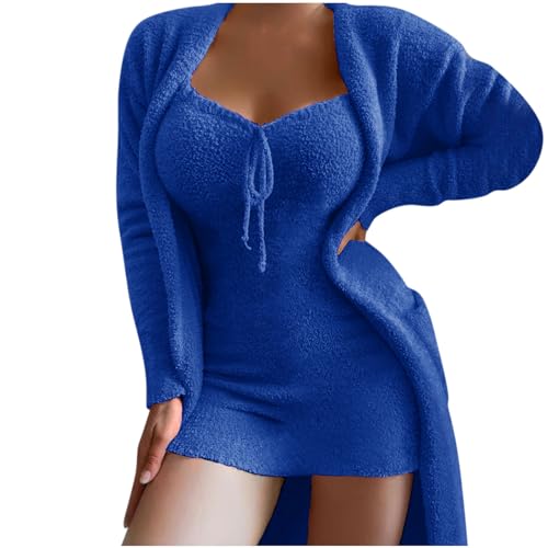 Damen Winter Plüsch Casual Sportswear Solid Lange Ärmel 2-teiliges Outfit Rock Anzug Set Frauen Boho Kleid Elegant Warm VliesJogginganzug Elastische Bodycon 2 Stück Set Pulloverkleid Frauen Pullover von KQIVAM