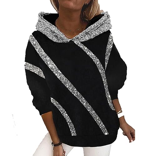 Hoodie Damen Pailletten Sweatshirt mit Kapuze Sparkle Shimmer Kapuzepullover Einfarbige Pailletten Patchwork Oberteil Locker Langarmshirt Glitzer Festliche Sportshirt Damen Blitzangebote von KQIVAM