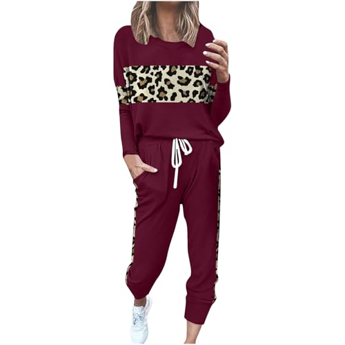 Jogginganzug Damen Zweiteiler Outfit Rundhalsausschnitt Einfarbig Locker Sport Set mit Leopard Druck Pullover Sport Damen Elegant Sportswear 2 Stück Bekleidungsset Kapuzenpullover Sporthose Set Jogginganzug Damen Zweiteiler Outfit Rundhalsausschnitt Einfarbig Locker Sport Set mit Leopard Druck Pullover Sport Damen Elegant Sportswear 2 Stück Bekleidungsset Kapuzenpullover Sporthose Set von KQIVAM