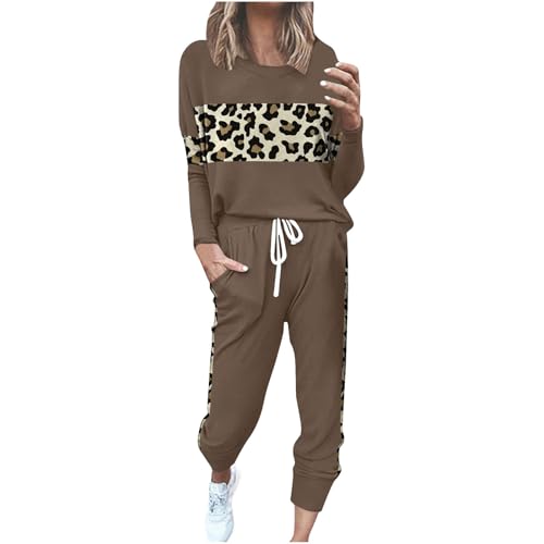 Jogginganzug Damen Zweiteiler Outfit Rundhalsausschnitt Einfarbig Locker Sport Set mit Leopard Druck Pullover Sport Damen Elegant Sportswear 2 Stück Bekleidungsset Kapuzenpullover Sporthose Set von KQIVAM