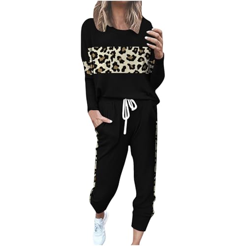 Jogginganzug Damen Zweiteiler Outfit Rundhalsausschnitt Einfarbig Locker Sport Set mit Leopard Druck Pullover Sport Damen Elegant Sportswear 2 Stück Bekleidungsset Kapuzenpullover Sporthose Set von KQIVAM