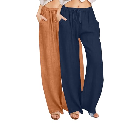 KQIVAM 2er Pack Leinenhose Damen Sommer Lange Hose Baumwolle Musselin Hosen Casual Lose Stoffhose Einfarbig Elegant Strandhose Leicht Bequem Sommerhose Weite Beine Caprihose mit Taschen Freizeithose KQIVAM 2er Pack Leinenhose Damen Sommer Lange Hose Baumwolle Musselin Hosen Casual Lose Stoffhose Einfarbig Elegant Strandhose Leicht Bequem Sommerhose Weite Beine Caprihose mit Taschen Freizeithose von KQIVAM