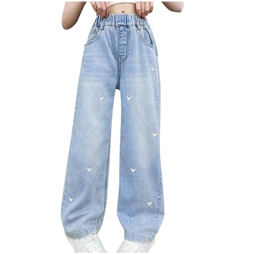 KQIVAM Baggy Jeans Mädchen Weites Bein Jeanshose mit Gummizug Wide Leg Outdoorhose Breite Hose High Waist Freizeithose Pants Girls Mode Hosen für Kinder Frühling Sommer 5-15 Jahre von KQIVAM