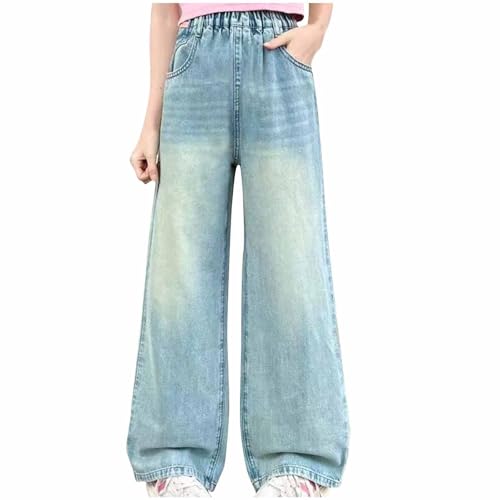 KQIVAM Baggy Jeans Mädchen Weites Bein Jeanshose mit Gummizug Wide Leg Outdoorhose Breite Hose High Waist Freizeithose Pants Girls Mode Hosen für Kinder Frühling Sommer 5-15 Jahre von KQIVAM