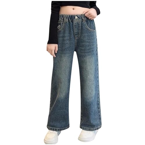 KQIVAM Baggy Jeans Mädchen Weites Bein Jeanshose mit Gummizug Wide Leg Outdoorhose Breite Hose High Waist Freizeithose Pants Girls Mode Hosen für Kinder Frühling Sommer 5-15 Jahre von KQIVAM