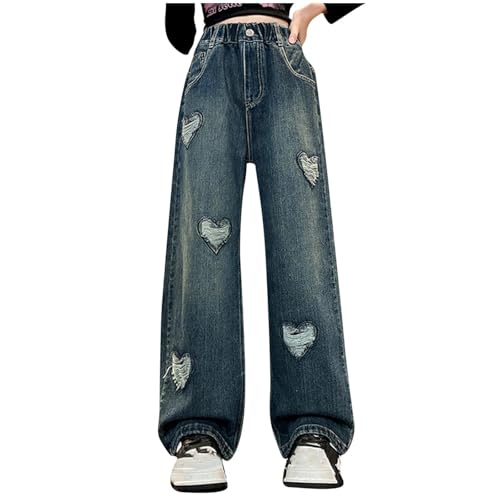 KQIVAM Baggy Jeans Mädchen Weites Bein Jeanshose mit Gummizug Wide Leg Outdoorhose Breite Hose High Waist Freizeithose Pants Girls Mode Hosen für Kinder Frühling Sommer 5-15 Jahre von KQIVAM
