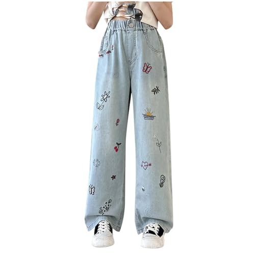 KQIVAM Baggy Jeans Mädchen Weites Bein Jeanshose mit Gummizug Wide Leg Outdoorhose Breite Hose High Waist Freizeithose Pants Girls Mode Hosen für Kinder Frühling Sommer 5-15 Jahre von KQIVAM