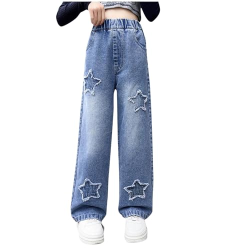 KQIVAM Baggy Jeans Mädchen Weites Bein Jeanshose mit Gummizug Wide Leg Outdoorhose Breite Hose High Waist Freizeithose Pants Girls Mode Hosen für Kinder Frühling Sommer 5-15 Jahre von KQIVAM