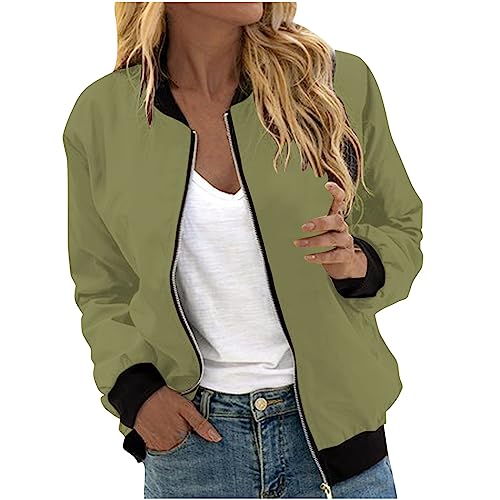 KQIVAM Bomberjacke Damen Kurze Blouson Jacke Casual Pilotenjacke Langarm Outwear Zip Up Solid Leichte Coat Sweatjacke Elegant Übergangsjacke Outdoorjacke Fliegerjacke von KQIVAM