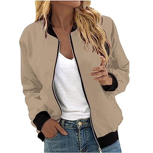 KQIVAM Bomberjacke Damen Kurze Blouson Jacke Casual Pilotenjacke Langarm Outwear Zip Up Solid Leichte Coat Sweatjacke Elegant Übergangsjacke Outdoorjacke Fliegerjacke von KQIVAM