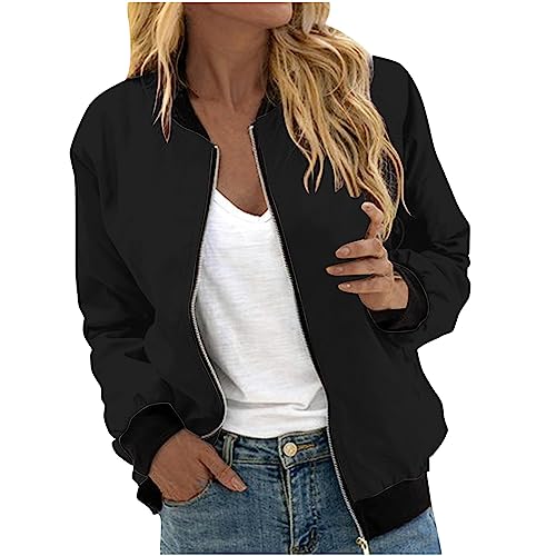 KQIVAM Bomberjacke Damen Kurze Blouson Jacke Casual Pilotenjacke Langarm Outwear Zip Up Solid Leichte Coat Sweatjacke Elegant Übergangsjacke Outdoorjacke Fliegerjacke von KQIVAM