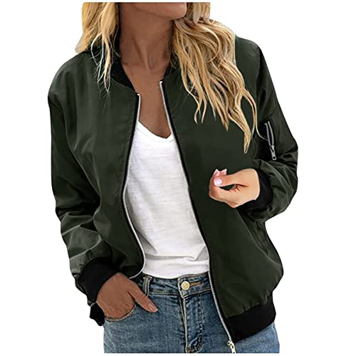 KQIVAM Bomberjacke Damen Kurze Blouson Jacke Casual Pilotenjacke Langarm Outwear Zip Up Solid Leichte Coat Sweatjacke Elegant Übergangsjacke Outdoorjacke Fliegerjacke von KQIVAM