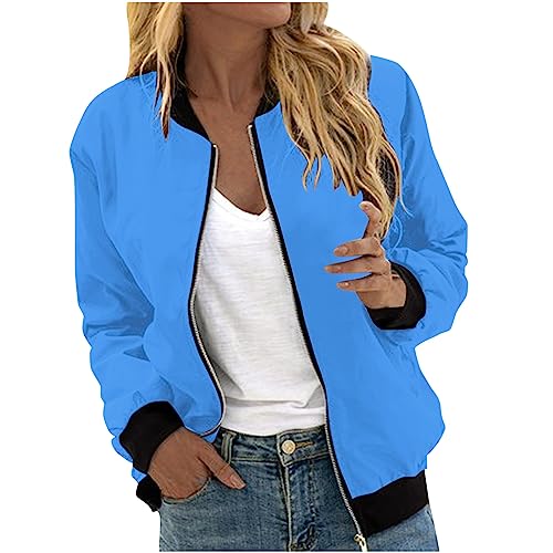 KQIVAM Bomberjacke Damen Kurze Blouson Jacke Casual Pilotenjacke Langarm Outwear Zip Up Solid Leichte Coat Sweatjacke Elegant Übergangsjacke Outdoorjacke Fliegerjacke von KQIVAM