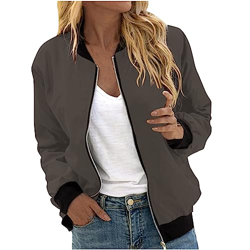 KQIVAM Bomberjacke Damen Kurze Blouson Jacke Casual Pilotenjacke Langarm Outwear Zip Up Solid Leichte Coat Sweatjacke Elegant Übergangsjacke Outdoorjacke Fliegerjacke von KQIVAM