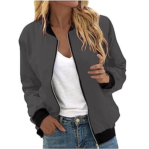 KQIVAM Bomberjacke Damen Kurze Blouson Jacke Casual Pilotenjacke Langarm Outwear Zip Up Solid Leichte Coat Sweatjacke Elegant Übergangsjacke Outdoorjacke Fliegerjacke von KQIVAM