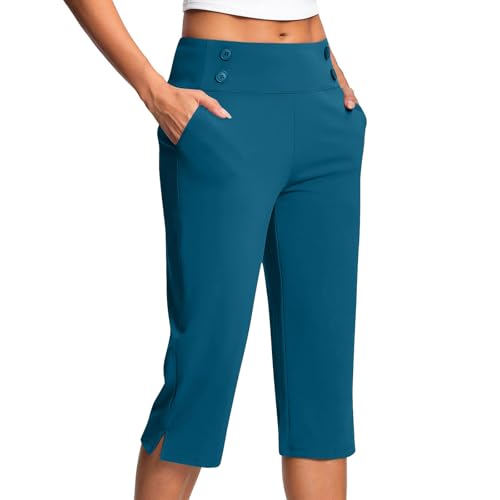 KQIVAM Caprihose Damen Yogahose 3/4-Hosen mit Taschen Bauchkontrolle Workout Arbeitshose Jogginghose Sporthose Frauen Baumwolle Sweatpants Slim Fit Freizeithose Trainingshose von KQIVAM