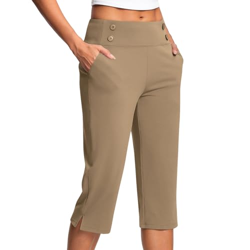 KQIVAM Caprihose Damen Yogahose 3/4-Hosen mit Taschen Bauchkontrolle Workout Arbeitshose Jogginghose Sporthose Frauen Baumwolle Sweatpants Slim Fit Freizeithose Trainingshose von KQIVAM