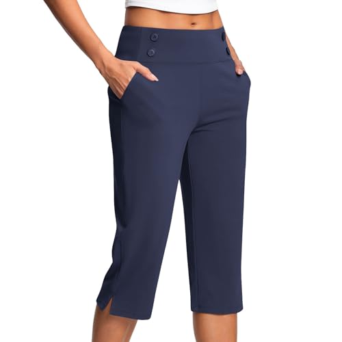 KQIVAM Caprihose Damen Yogahose 3/4-Hosen mit Taschen Bauchkontrolle Workout Arbeitshose Jogginghose Sporthose Frauen Baumwolle Sweatpants Slim Fit Freizeithose Trainingshose von KQIVAM