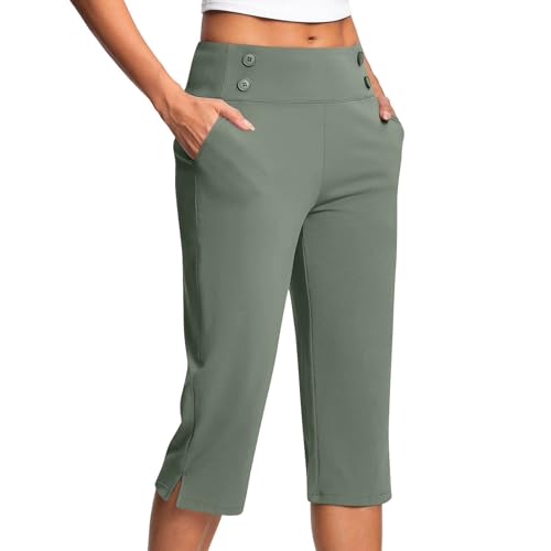 KQIVAM Caprihose Damen Yogahose 3/4-Hosen mit Taschen Bauchkontrolle Workout Arbeitshose Jogginghose Sporthose Frauen Baumwolle Sweatpants Slim Fit Freizeithose Trainingshose von KQIVAM