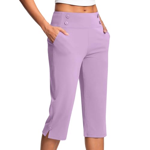 KQIVAM Caprihose Damen Yogahose 3/4-Hosen mit Taschen Bauchkontrolle Workout Arbeitshose Jogginghose Sporthose Frauen Baumwolle Sweatpants Slim Fit Freizeithose Trainingshose von KQIVAM