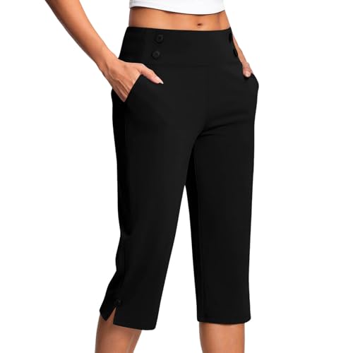 KQIVAM Caprihose Damen Yogahose 3/4-Hosen mit Taschen Bauchkontrolle Workout Arbeitshose Jogginghose Sporthose Frauen Baumwolle Sweatpants Slim Fit Freizeithose Trainingshose von KQIVAM