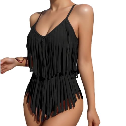 KQIVAM Damen Bademode Ärmellos Slip V-Ausschnitt Fransen Quaste Basic Bademode Damen 2025 Einteiliger Formender Mono Badeanzug Elegante Badeanzüge Sexy Swimsuit Swim Suit Monokini Strandmode von KQIVAM