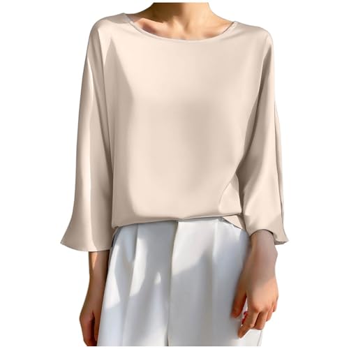 KQIVAM Damen Oberteile Damen-Bluse Aus Satin Sommer Elegant Schlicht Schlicht Pullover Mit Rundhalsausschnitt Hemden Oberteile Modische Halbarm-Tunika-Oberteile Lässige Lockere Arbeitsblusen T-Shir von KQIVAM