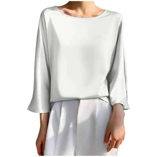 KQIVAM Damen Oberteile Damen-Bluse Aus Satin Sommer Elegant Schlicht Schlicht Pullover Mit Rundhalsausschnitt Hemden Oberteile Modische Halbarm-Tunika-Oberteile Lässige Lockere Arbeitsblusen T-Shir von KQIVAM