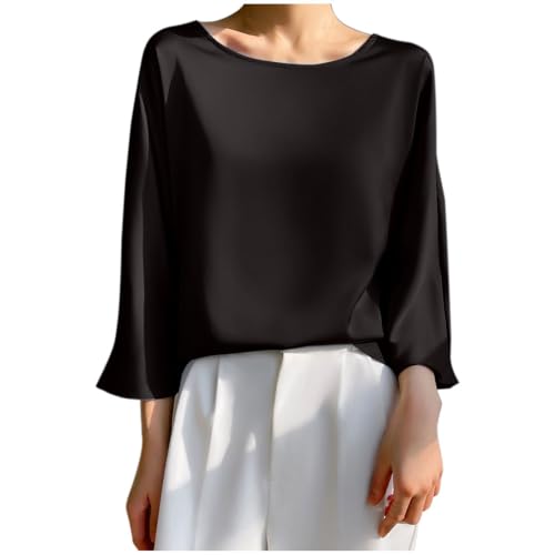 KQIVAM Damen Oberteile Damen-Bluse Aus Satin Sommer Elegant Schlicht Schlicht Pullover Mit Rundhalsausschnitt Hemden Oberteile Modische Halbarm-Tunika-Oberteile Lässige Lockere Arbeitsblusen T-Shir von KQIVAM